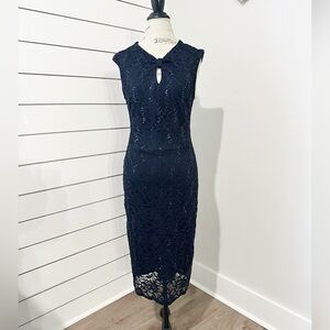 Neiman Marcus Exclusive Navy Blue Sequin Lace Evening Dress Sz 8 New Years Eve